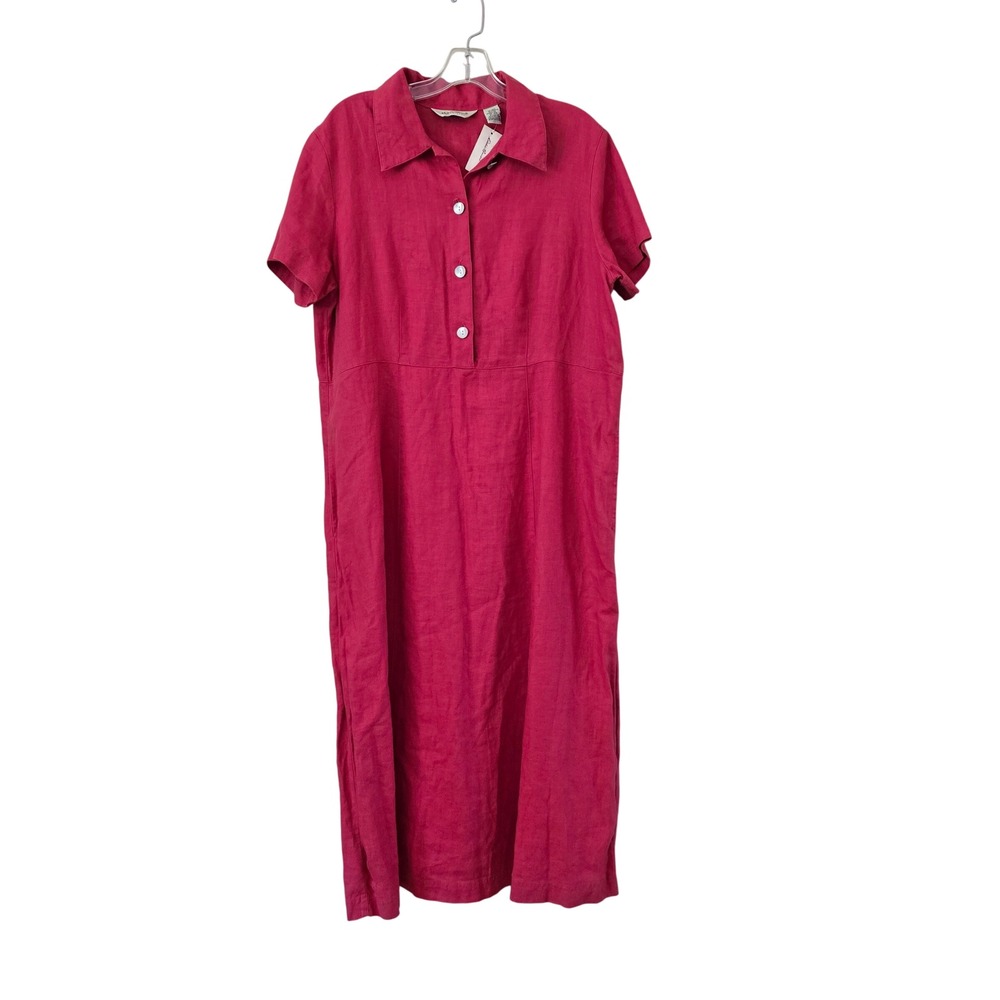 Eddie Bauer Women XL Petite Pink Linen Maxi Shirt Dress Short Sleeve NWT